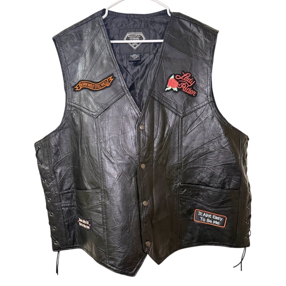 Diamond Plate Black Buffalo Leather Women's Embroidered Motorcycle Vest Size 3XL
